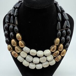 Necklace‎ black while gold beaded chunky statement flare